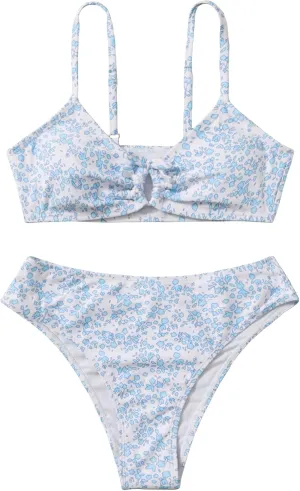 OYOANGLE Girl's 2 Piece Ditsy Floral Bikini Swimsuit Ring Linked Ruched Bathing Suit