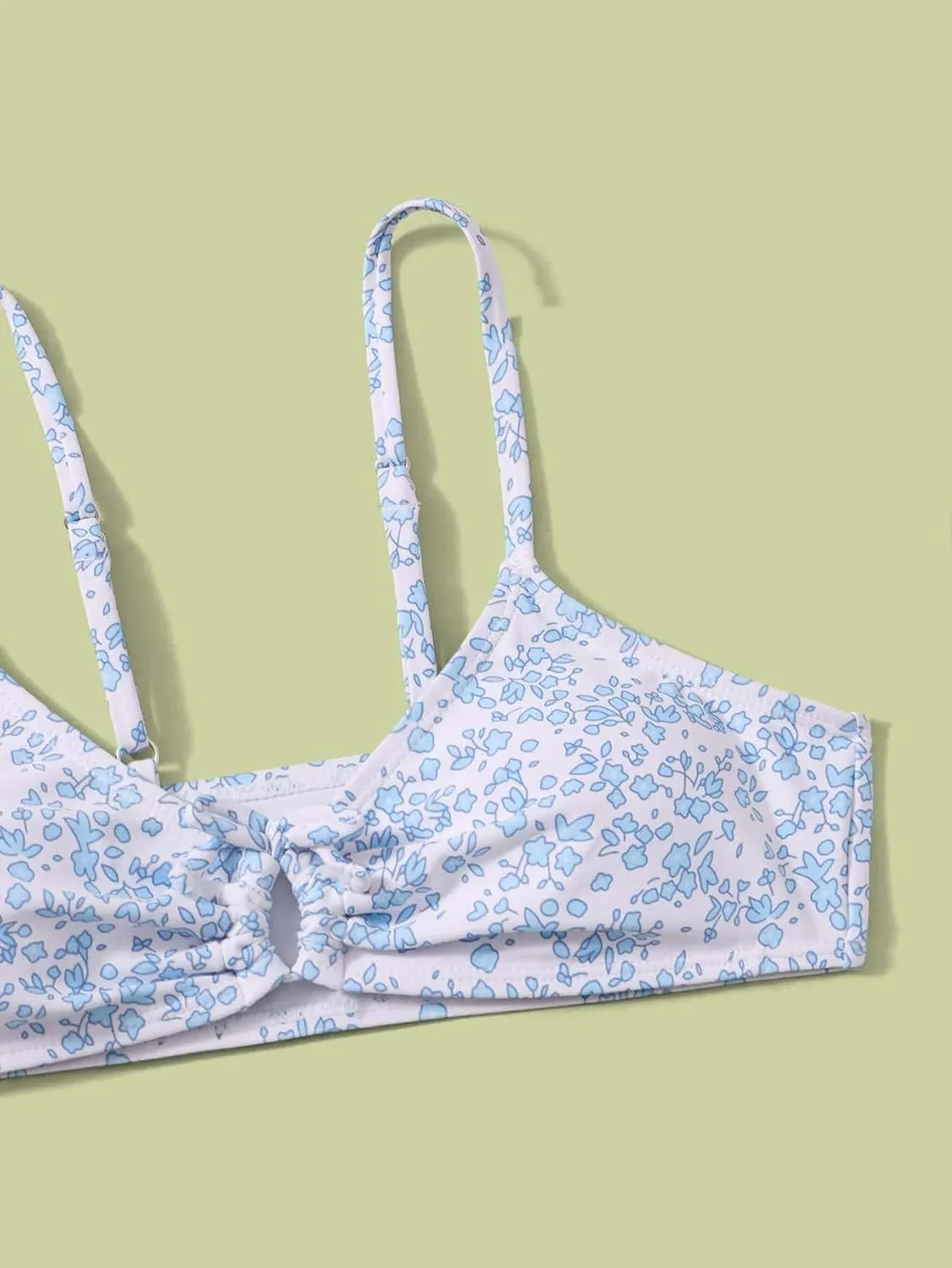 OYOANGLE Girl's 2 Piece Ditsy Floral Bikini Swimsuit Ring Linked Ruched Bathing Suit