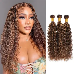 P4/27 Honey Blonde Highlights Water Wave Bundles Human Hair 18 20 22 Inch,Brown Wet and Wavy 3 Weave Bundles, 10A 100% Virgin Human Hair