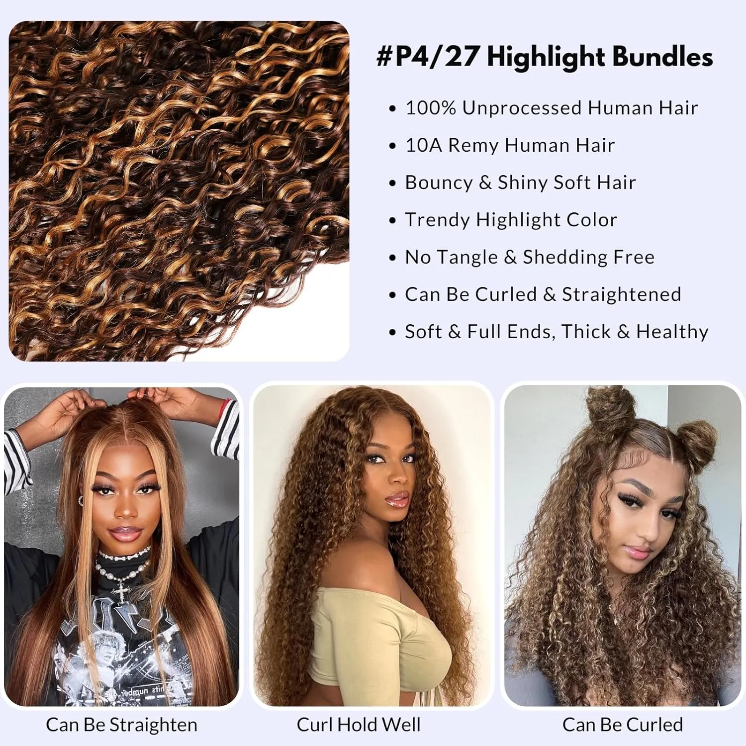 P4/27 Honey Blonde Highlights Water Wave Bundles Human Hair 18 20 22 Inch,Brown Wet and Wavy 3 Weave Bundles, 10A 100% Virgin Human Hair