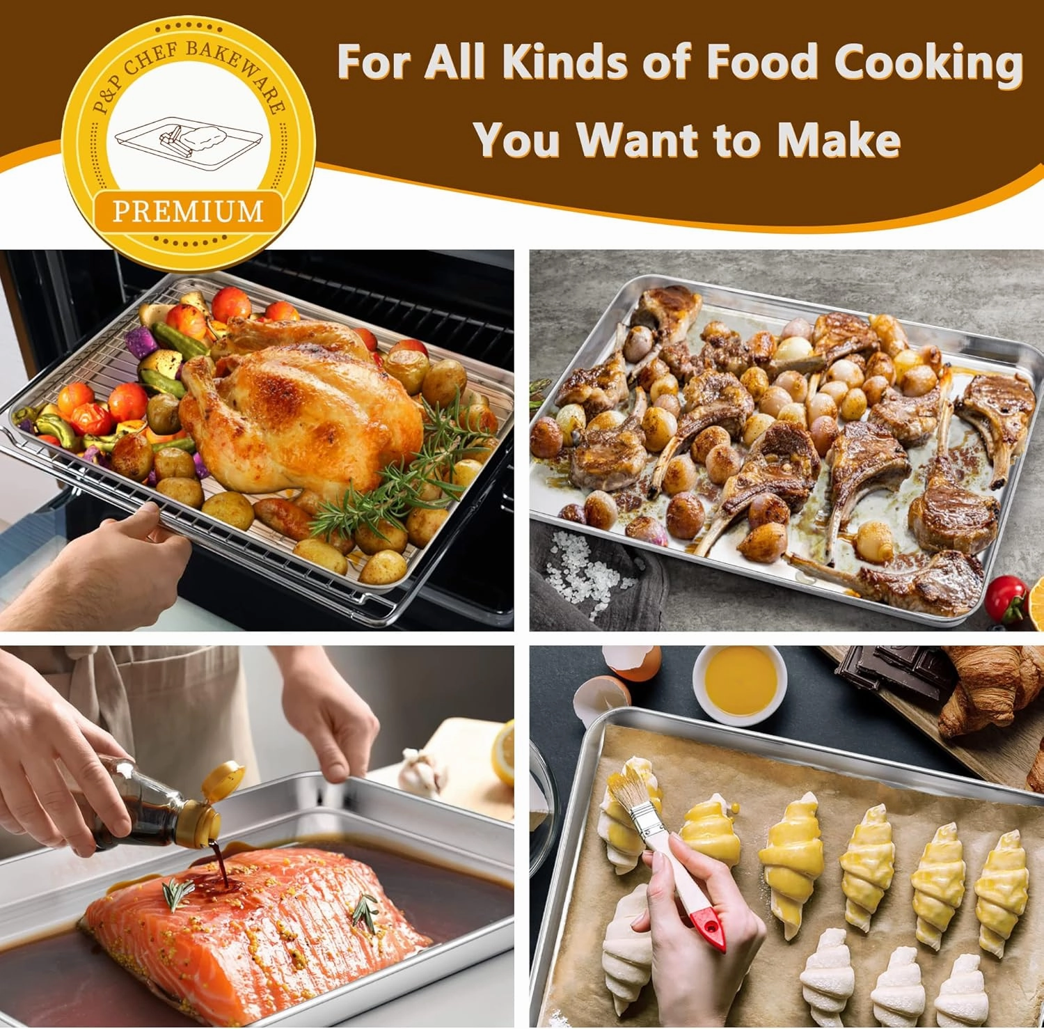 P&P CHEF 16 Inch Baking Pan Cookie Sheet with Rack Set (2 Pans  2 Racks), Stainless Steel Oven Pans Baking Trays and Cooling Wire Racks, Oven & Dishwasher Safe, 4 Pcs
