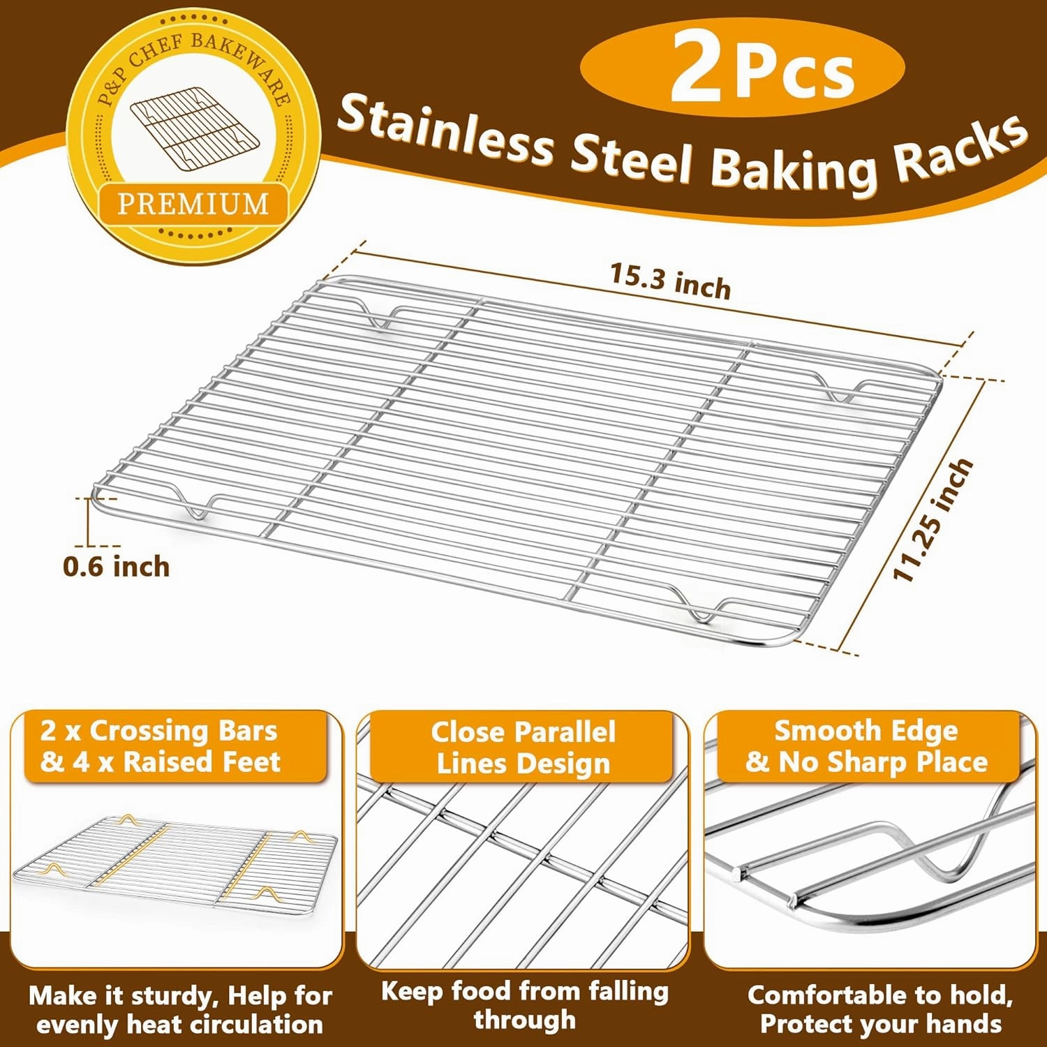 P&P CHEF 16 Inch Baking Pan Cookie Sheet with Rack Set (2 Pans  2 Racks), Stainless Steel Oven Pans Baking Trays and Cooling Wire Racks, Oven & Dishwasher Safe, 4 Pcs