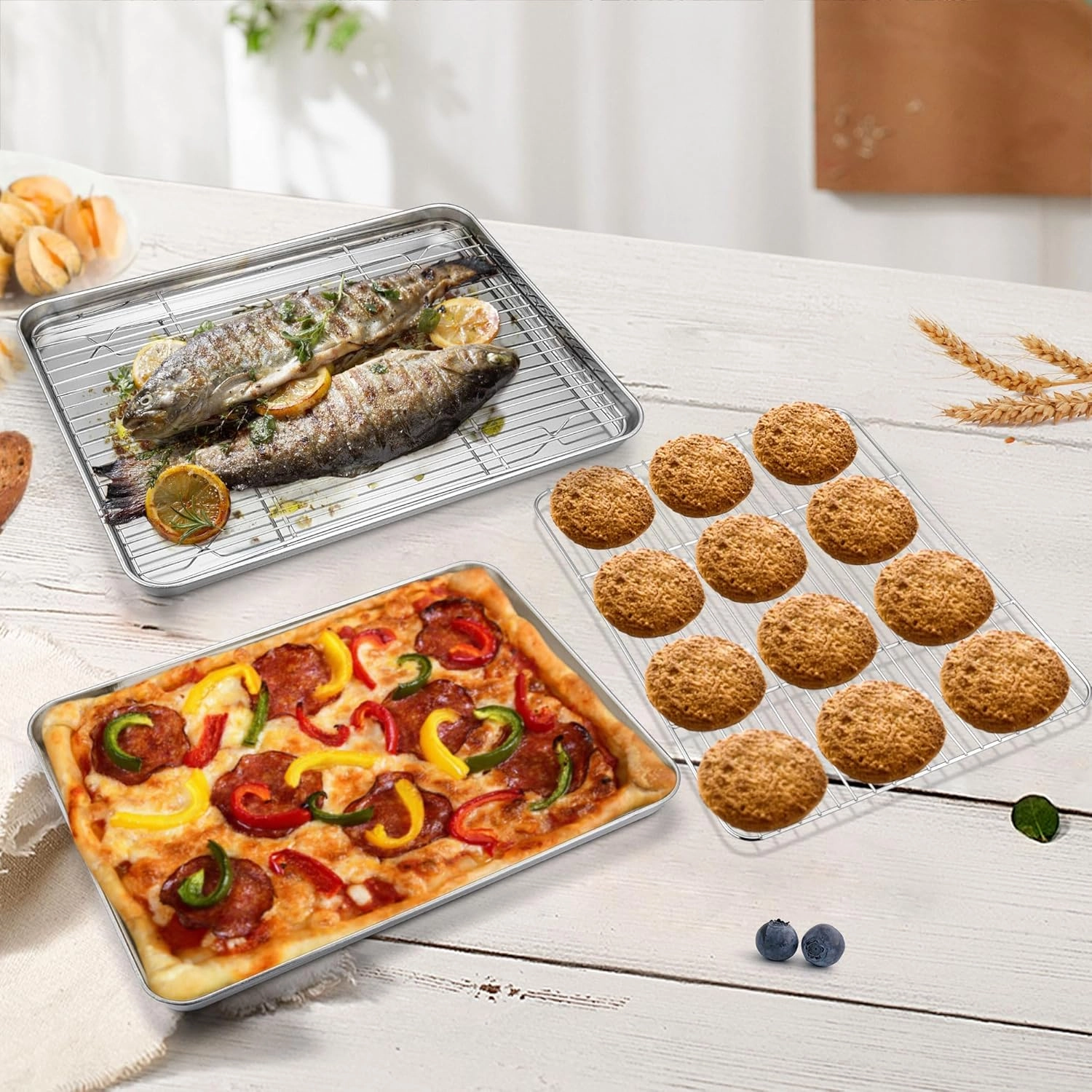 P&P CHEF 16 Inch Baking Pan Cookie Sheet with Rack Set (2 Pans  2 Racks), Stainless Steel Oven Pans Baking Trays and Cooling Wire Racks, Oven & Dishwasher Safe, 4 Pcs