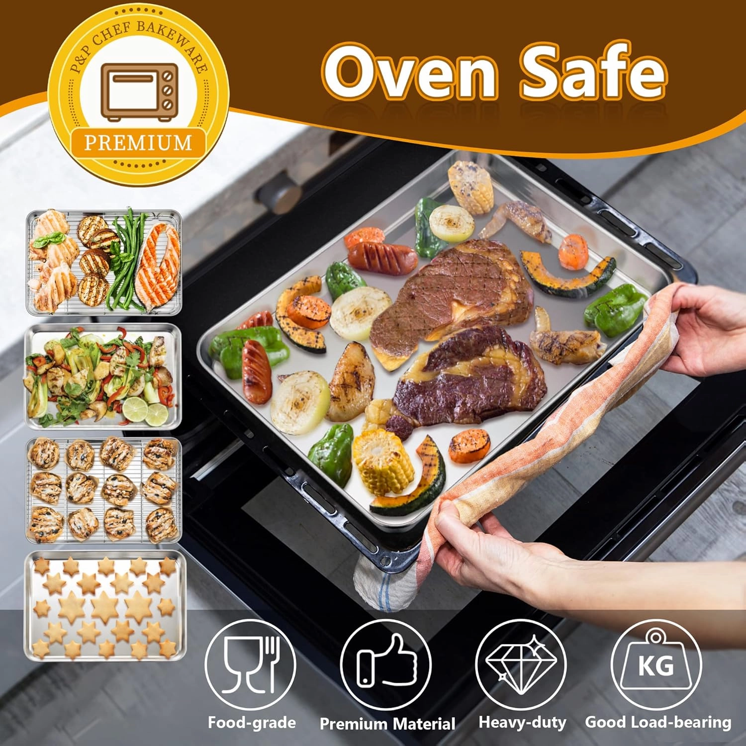 P&P CHEF 16 Inch Baking Pan Cookie Sheet with Rack Set (2 Pans  2 Racks), Stainless Steel Oven Pans Baking Trays and Cooling Wire Racks, Oven & Dishwasher Safe, 4 Pcs