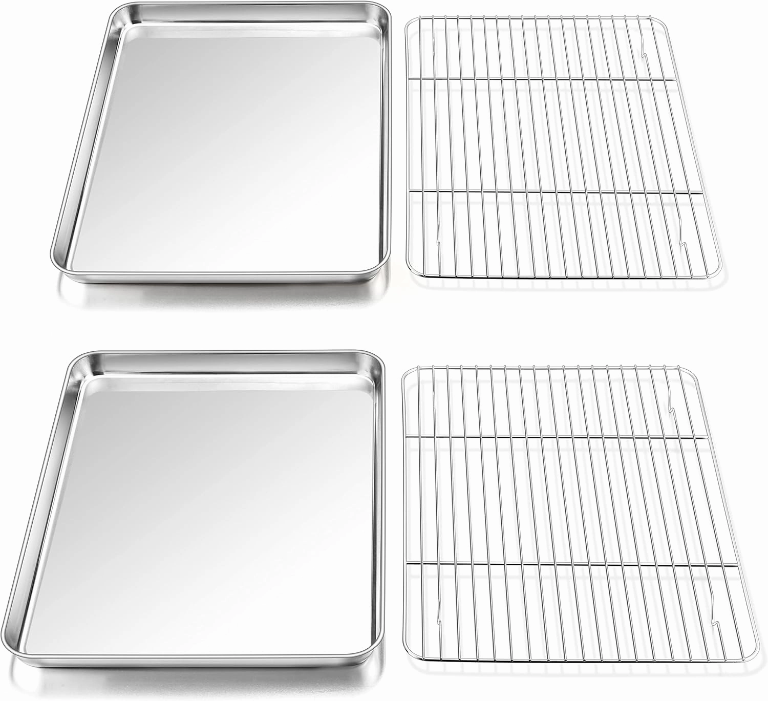 P&P CHEF 16 Inch Baking Pan Cookie Sheet with Rack Set (2 Pans  2 Racks), Stainless Steel Oven Pans Baking Trays and Cooling Wire Racks, Oven & Dishwasher Safe, 4 Pcs