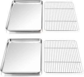 P&P CHEF 16 Inch Baking Pan Cookie Sheet with Rack Set (2 Pans  2 Racks), Stainless Steel Oven Pans Baking Trays and Cooling Wire Racks, Oven & Dishwasher Safe, 4 Pcs
