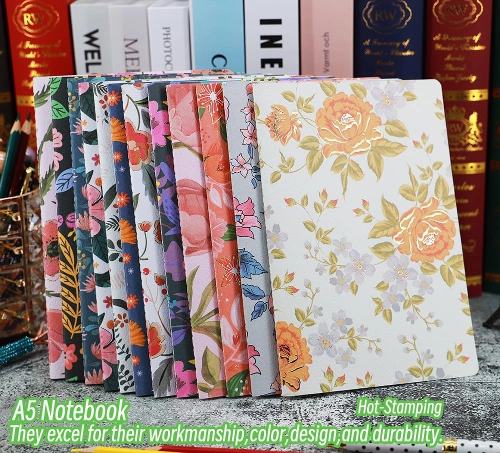 Pack of Journals for Writing A5 Notebook Bulk Set,Sketch Book- 12 Pack with 60 Blank Pages, 30 Sheets, and Embossed Cover in Gold Foil Floral Bliss Pattern (5.75 x 8.35 Inches)