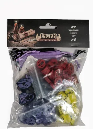 Pagan: Fate of Roanoke - Wooden Token Set, 125 Painted Game Pieces & 3 Custom Screen Printed Cloth Bags