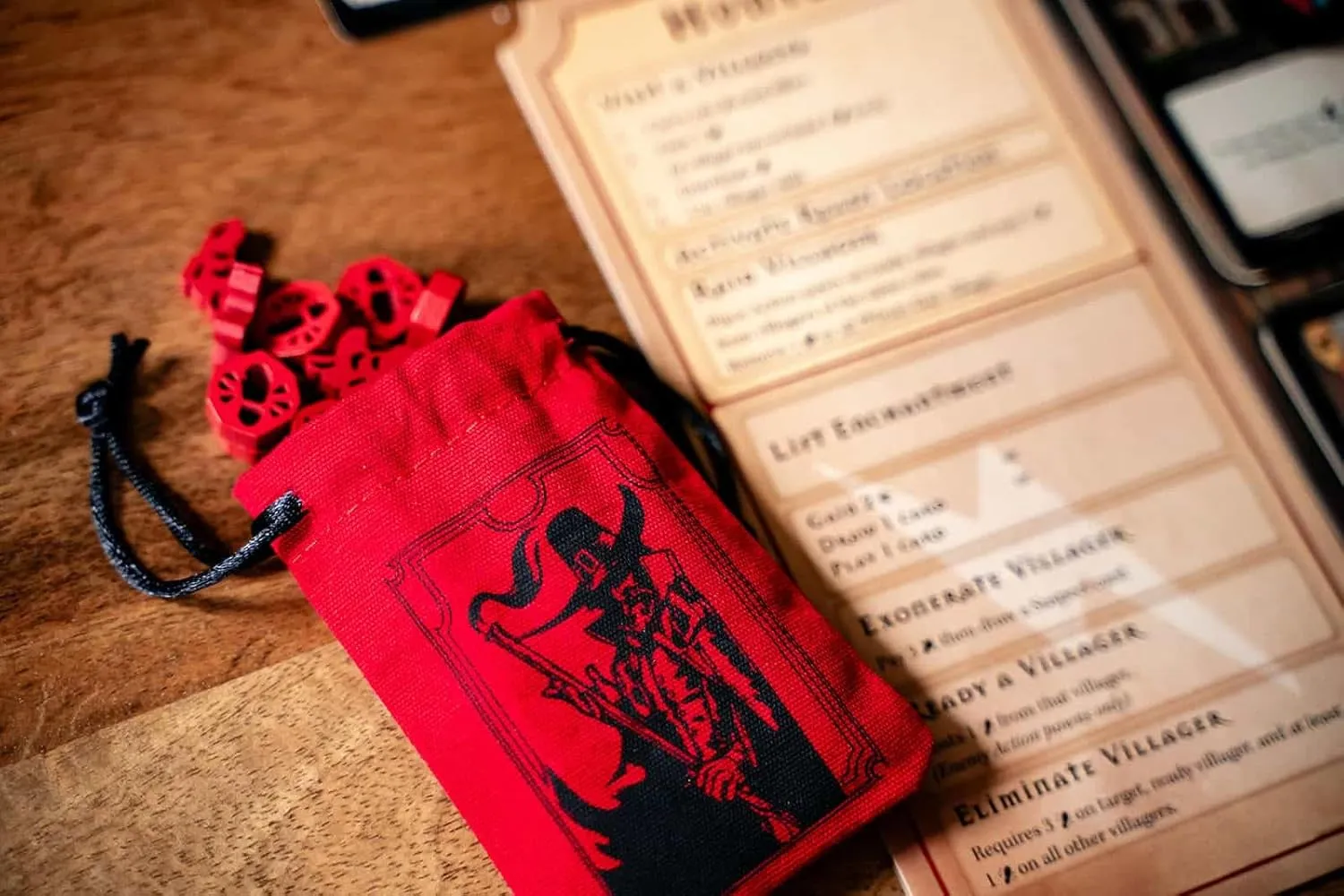 Pagan: Fate of Roanoke - Wooden Token Set, 125 Painted Game Pieces & 3 Custom Screen Printed Cloth Bags