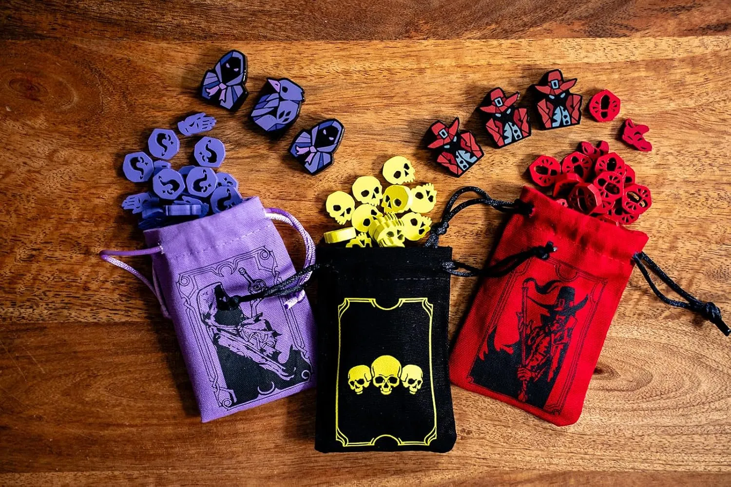 Pagan: Fate of Roanoke - Wooden Token Set, 125 Painted Game Pieces & 3 Custom Screen Printed Cloth Bags