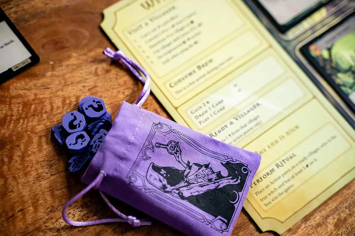 Pagan: Fate of Roanoke - Wooden Token Set, 125 Painted Game Pieces & 3 Custom Screen Printed Cloth Bags