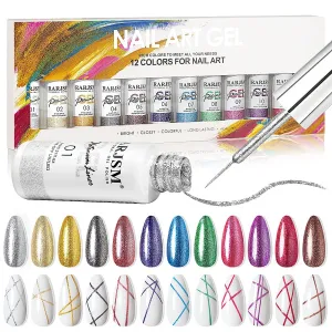 Painted Gel Nail Polish Set, Nail Art Metallic Liner Painting Polish Set U V L E D 12 Colors Platinum Liner Gel Champagne Glitter Silver Rosa Gold Green Blue Purple Paint for Nail Art Design