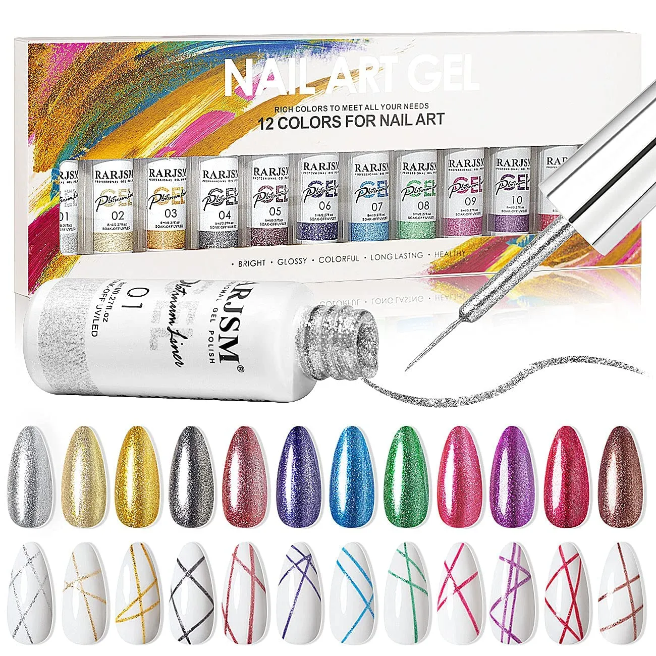 Painted Gel Nail Polish Set, Nail Art Metallic Liner Painting Polish Set U V L E D 12 Colors Platinum Liner Gel Champagne Glitter Silver Rosa Gold Green Blue Purple Paint for Nail Art Design