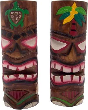 Painted Tiki Wooden Totem Poles, Freestanding, Beach Décor, Set of 2 Assorted Colors, 8 Inches High