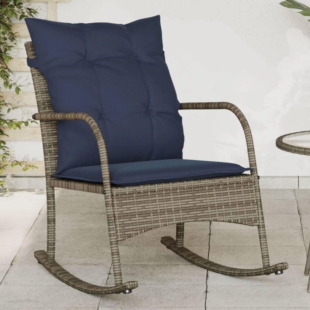 Patio Rocking Chair with Cushions Gray Poly Rattan Outdoor Furniture Lounge Chair for Backyard, Poolside, and Garden Relaxation