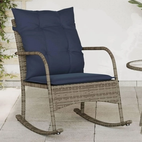 Patio Rocking Chair with Cushions Gray Poly Rattan Outdoor Furniture Lounge Chair for Backyard, Poolside, and Garden Relaxation