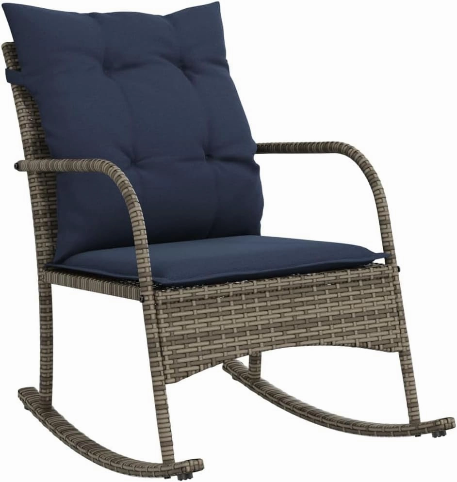 Patio Rocking Chair with Cushions Gray Poly Rattan Outdoor Furniture Lounge Chair for Backyard, Poolside, and Garden Relaxation