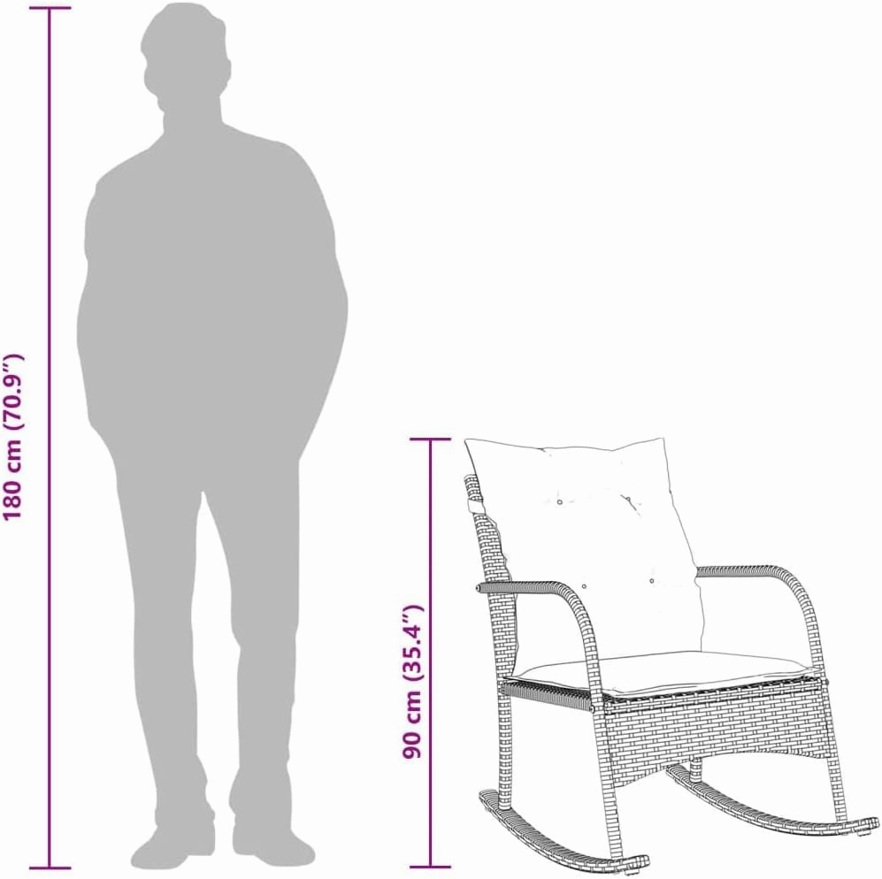 Patio Rocking Chair with Cushions Gray Poly Rattan Outdoor Furniture Lounge Chair for Backyard, Poolside, and Garden Relaxation