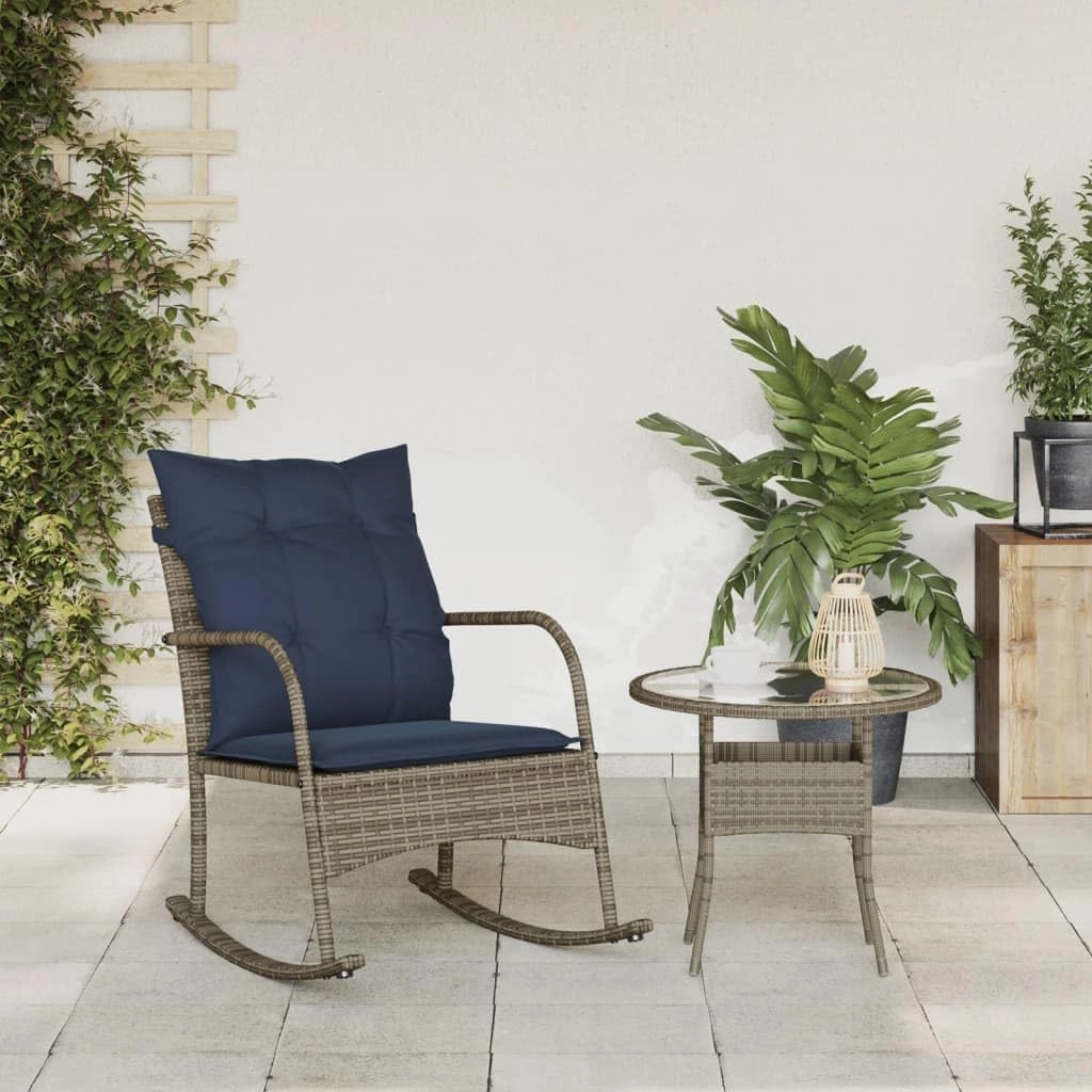 Patio Rocking Chair with Cushions Gray Poly Rattan Outdoor Furniture Lounge Chair for Backyard, Poolside, and Garden Relaxation