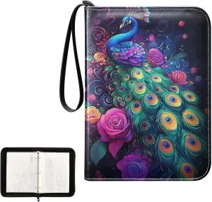 Peacock Colorful Flowers Card Binder 4 Pocket, Trading Card Holder Fits 400 Game Cards with 50 Removable Sleeves, MTG Card Case Standard Size