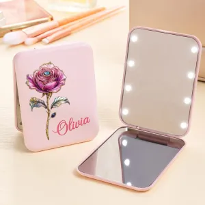 Personalized Compact Mirror with Birth Flower - Custom Name on Double-Sided Makeup Pocket Mirror with Light - Anniversary Birthday Gift for Women