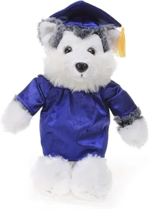 Personalized Husky with Graduation Cap & Gown - Plush Stuffed Animal Toy 12 inch - Graduation Gift with Custom Text Name School Logo on Gown for Any Student (Royal-Blue Cap and Gown)