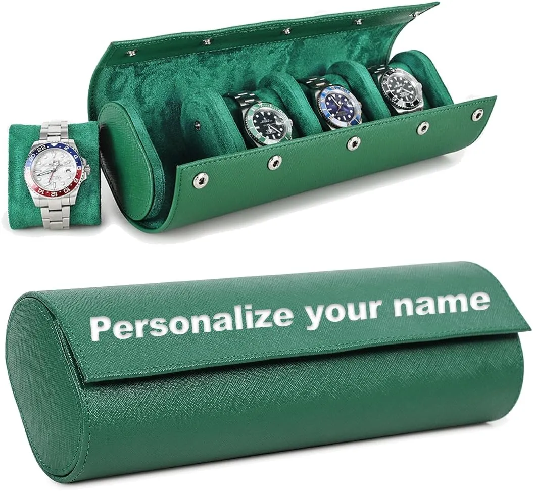 Personalized Watch Travel Case for Men Saffiano Leather 4 Slot Watch Roll Custom Laser Engraved Embossed Watch Box Mens Gift for Him, Groomsmen, Dad, Husband (Green)