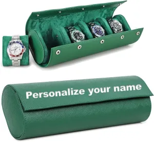 Personalized Watch Travel Case for Men Saffiano Leather 4 Slot Watch Roll Custom Laser Engraved Embossed Watch Box Mens Gift for Him, Groomsmen, Dad, Husband (Green)