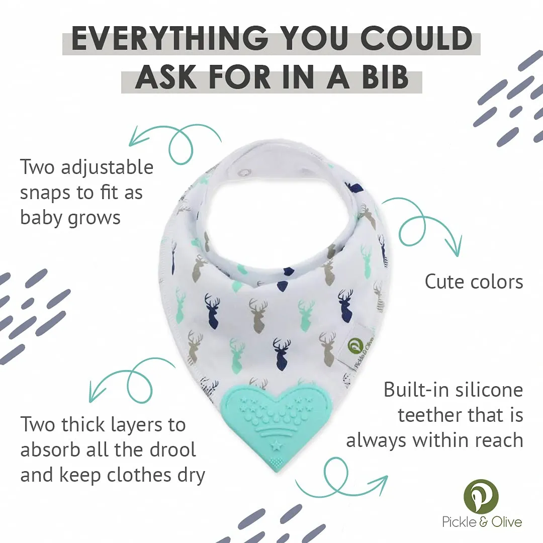 Pickle & Olive Baby Bandana Teething Bibs with Attached Silicone Teether, Set Of 4 - Blue Deer