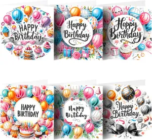 pigpigboss 6 Packs Happy Birthday Diamond Art Greeting Cards, Balloon Birthday Cake Diamond Painting Greeting Card with Envelop for Birthday, Special Shaped Diamond Cards for Adult Blessing