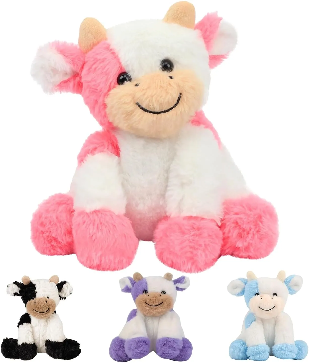 Pink & White Sitting Cow Plush Toy 7.8" - Adorable Smiling Face Soft Cow Stuffed Animal, Creative Home Decor, Ideal Present for Kids and Animal Lovers Birthday Festival Christmas