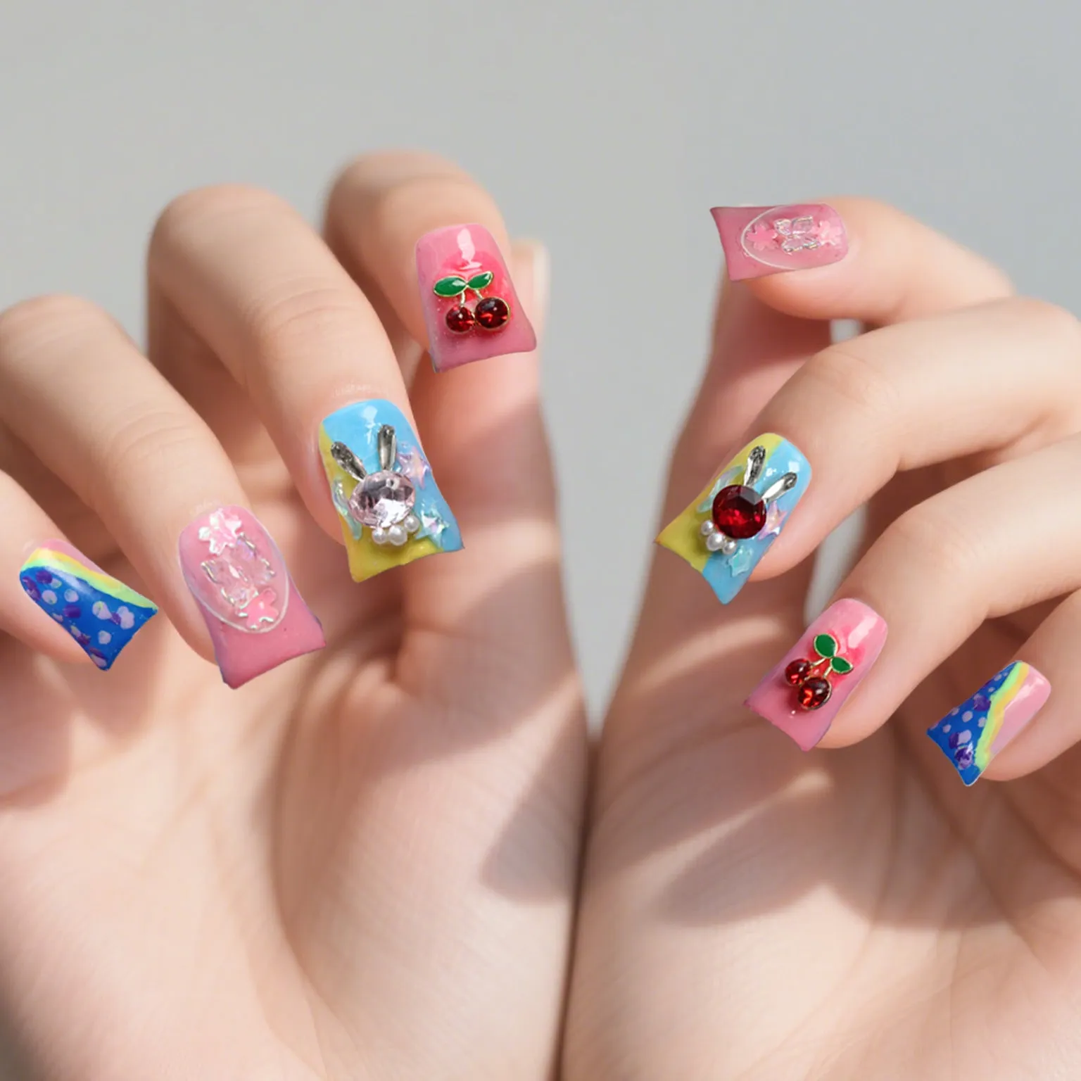 Pink and blue fairytale nail art: a lovely adventure embellished with gemstones