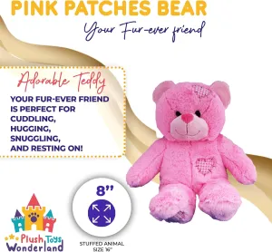 Pink Patches Teddy Bear – 8 inch Small Plush Toy for Girls & Toddlers, Soft Cuddly Stuffed Animal for Playtime, Bedtime Snuggles, Room Décor or Travel, Pink Teddy Plushie