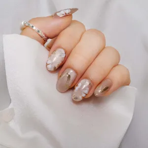 Pink Press-On Nails, Short Oval Shape, Gold Floral Design, Handmade by Professinal Manicurist, 10 Pieces (S,Oval)