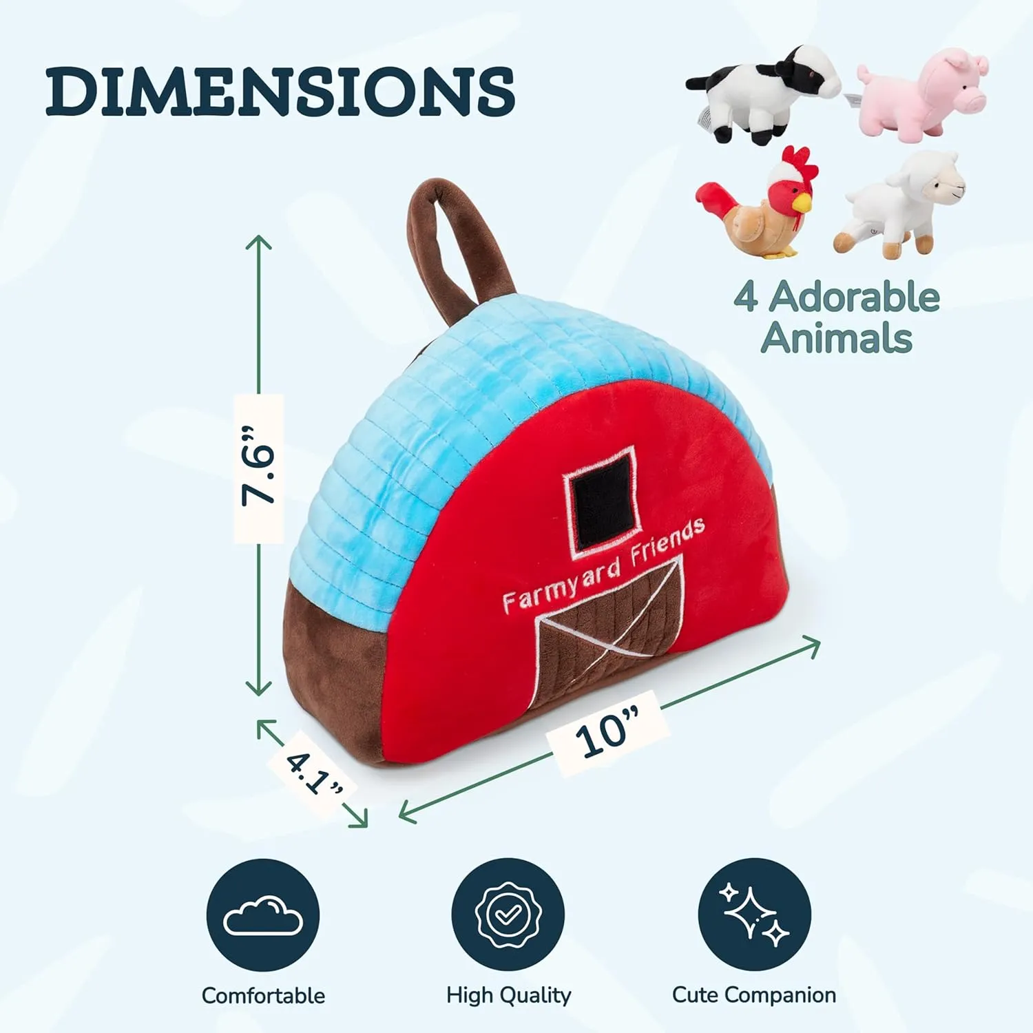 PixieCrush Plush Barn with Farm Animals - Set of 5 - Soft Textiles - Includes 4 Stuffed Farm Animals - Sheep Pig Cow Chicken - Farmyard Carry Bag - Portable and Easy to Carry - Multicolor