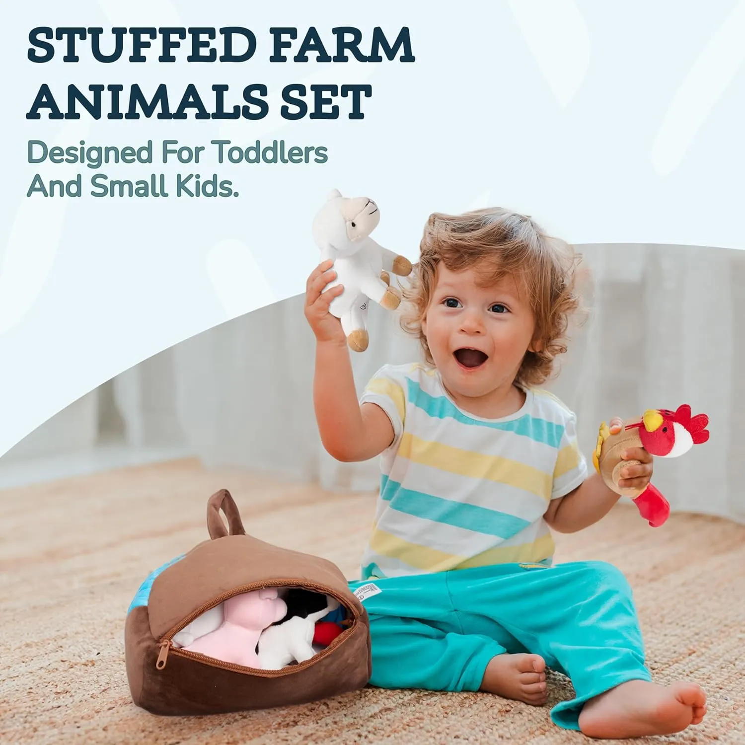 PixieCrush Plush Barn with Farm Animals - Set of 5 - Soft Textiles - Includes 4 Stuffed Farm Animals - Sheep Pig Cow Chicken - Farmyard Carry Bag - Portable and Easy to Carry - Multicolor