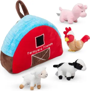 PixieCrush Plush Barn with Farm Animals - Set of 5 - Soft Textiles - Includes 4 Stuffed Farm Animals - Sheep Pig Cow Chicken - Farmyard Carry Bag - Portable and Easy to Carry - Multicolor