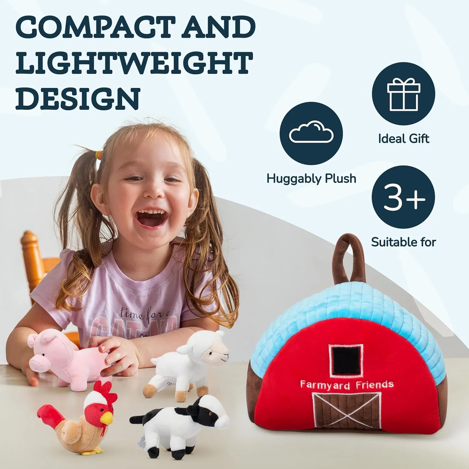 PixieCrush Plush Barn with Farm Animals - Set of 5 - Soft Textiles - Includes 4 Stuffed Farm Animals - Sheep Pig Cow Chicken - Farmyard Carry Bag - Portable and Easy to Carry - Multicolor