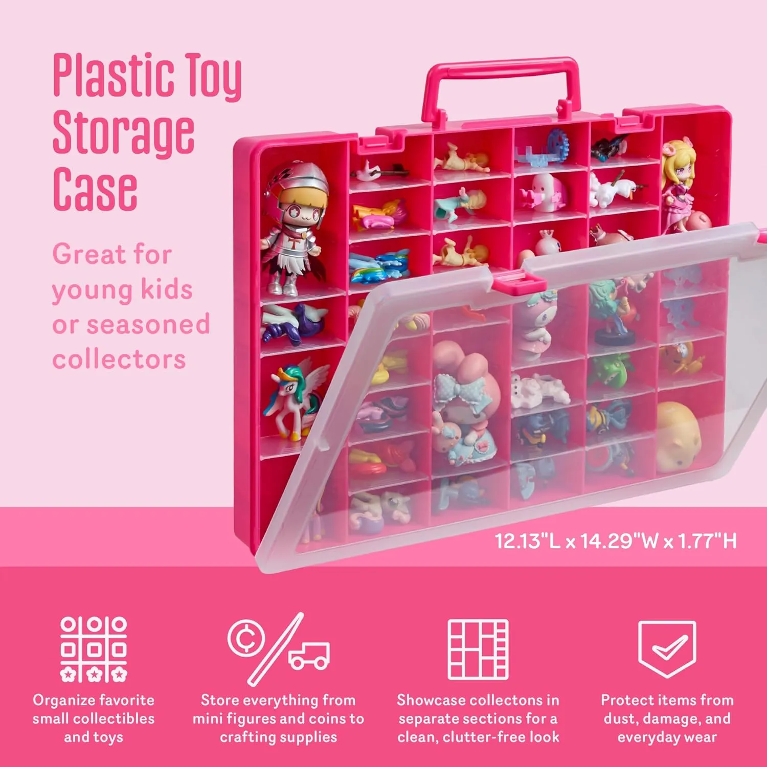 Plastic Toy Storage Case for Mini Toys, Collectibles, Small Candy, Shopkins Toys, Hot Wheels Cars, LOL Dolls, Matchbox Cars, Adjustable Compartments, Adult Collectors (Pink)