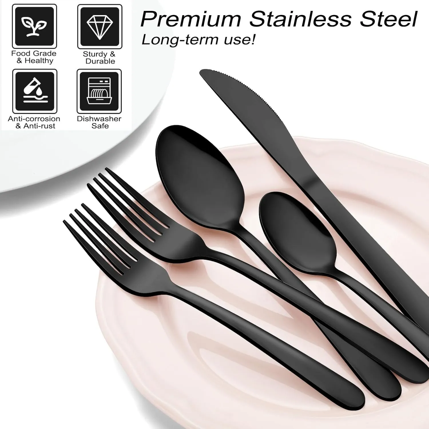 Pleafind 48-Pieces Black Silverware Sets for 8, Flatware Set with Steak Knives, Stainless Steel Cutlery Set, Include Forks Spoons and Knives Set, Dishwasher Safe Utensil Sets for Home Restaurant