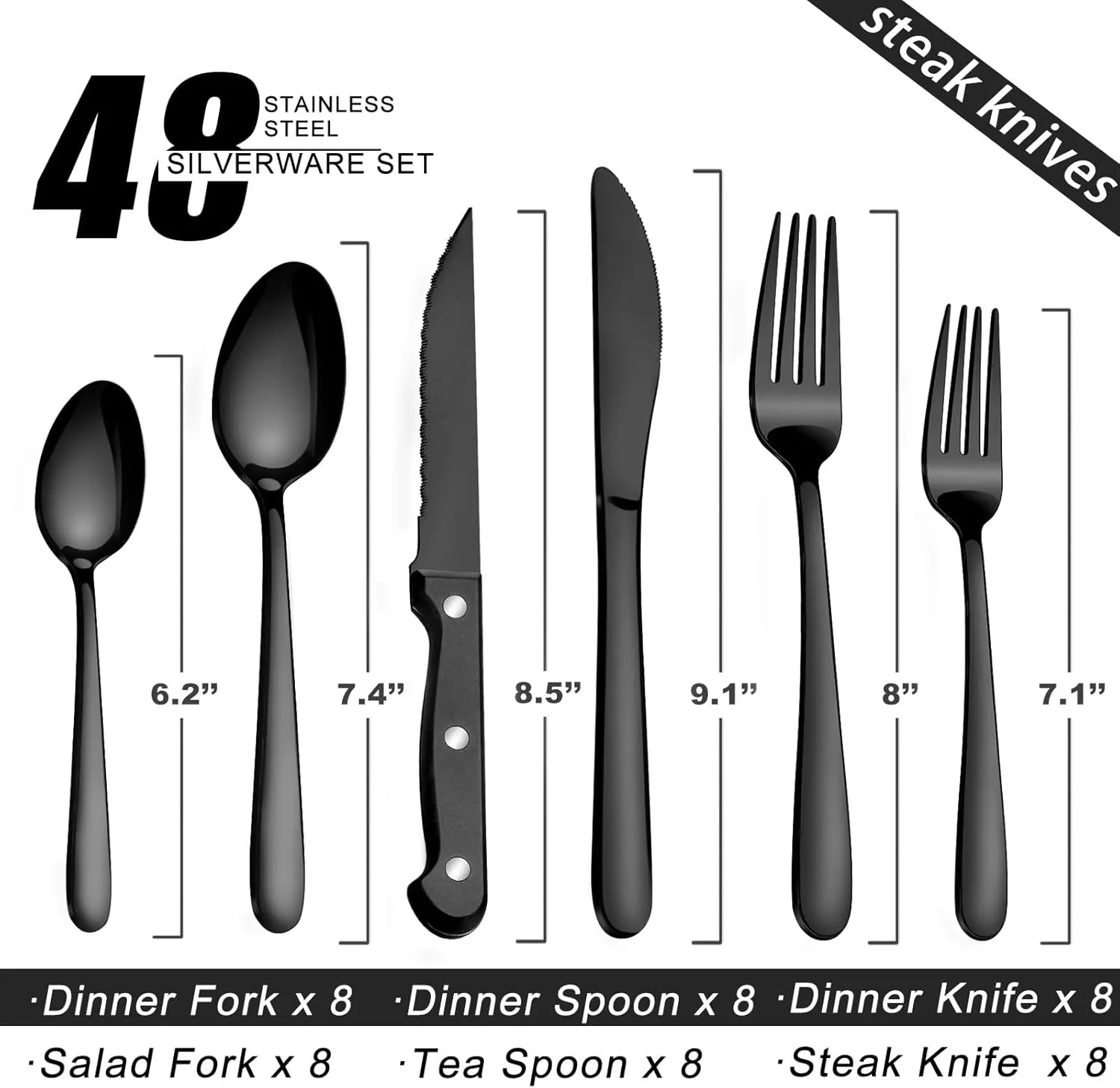 Pleafind 48-Pieces Black Silverware Sets for 8, Flatware Set with Steak Knives, Stainless Steel Cutlery Set, Include Forks Spoons and Knives Set, Dishwasher Safe Utensil Sets for Home Restaurant