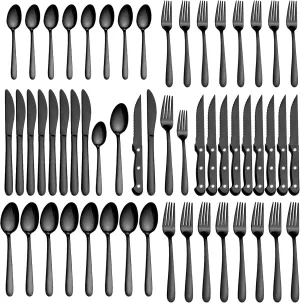 Pleafind 48-Pieces Black Silverware Sets for 8, Flatware Set with Steak Knives, Stainless Steel Cutlery Set, Include Forks Spoons and Knives Set, Dishwasher Safe Utensil Sets for Home Restaurant