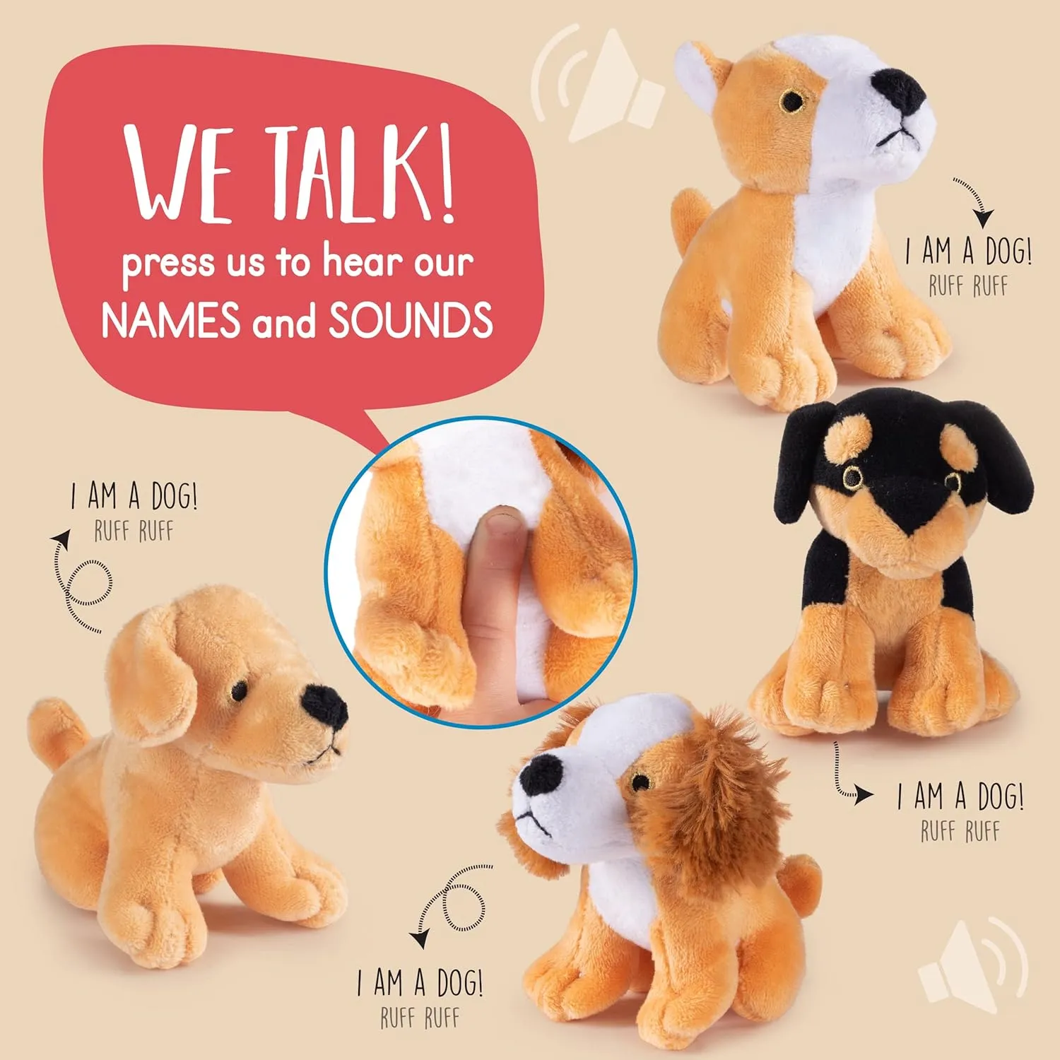 Plush Creations Talking Plush Puppies Set for Toddlers Toys | 4 Plush Talking Animals | 4 Plush Stuffed Puppy Dogs | Plush Stuffed Puppies | Bulk Assorted Puppies | Baby Stuffed Animals, (PC-505)