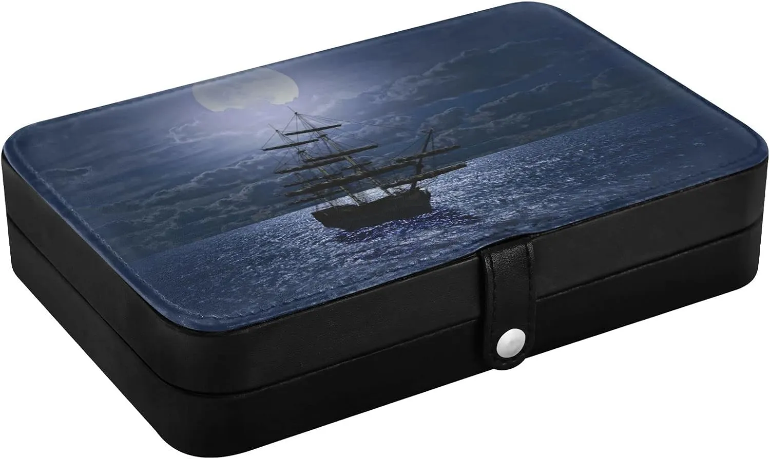 Poeticcity Lonely Sailboat in the Sea Against Full Moon Cloud Dark Blue Travel Jewelry Box, PU Leather Small Jewelry Organizer for Women, Black Storage Holder Boxes for Earrings, Rings, Necklaces