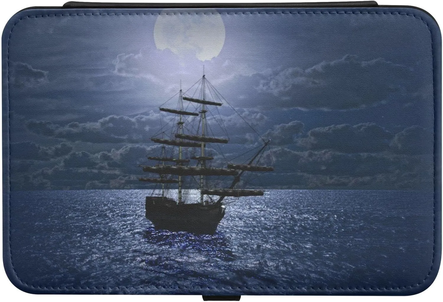 Poeticcity Lonely Sailboat in the Sea Against Full Moon Cloud Dark Blue Travel Jewelry Box, PU Leather Small Jewelry Organizer for Women, Black Storage Holder Boxes for Earrings, Rings, Necklaces