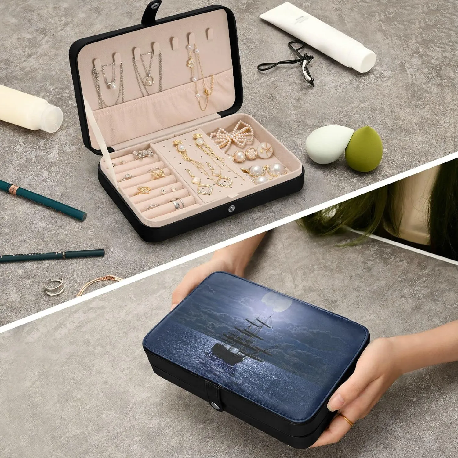 Poeticcity Lonely Sailboat in the Sea Against Full Moon Cloud Dark Blue Travel Jewelry Box, PU Leather Small Jewelry Organizer for Women, Black Storage Holder Boxes for Earrings, Rings, Necklaces