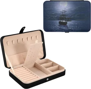 Poeticcity Lonely Sailboat in the Sea Against Full Moon Cloud Dark Blue Travel Jewelry Box, PU Leather Small Jewelry Organizer for Women, Black Storage Holder Boxes for Earrings, Rings, Necklaces