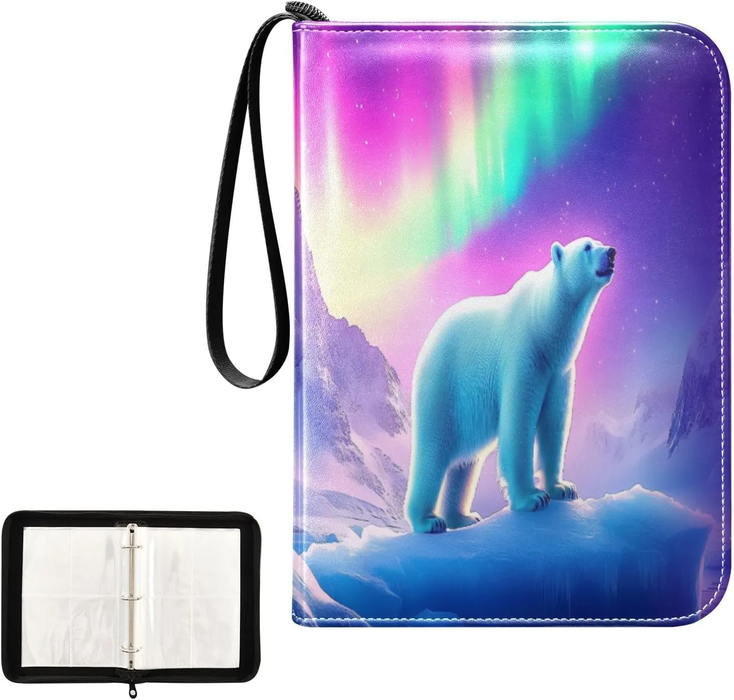 Polar Bears Colorful Aurora Card Binder 4 Pocket, Trading Card Holder Fits 400 Game Cards with 50 Removable Sleeves, MTG Card Case Standard Size