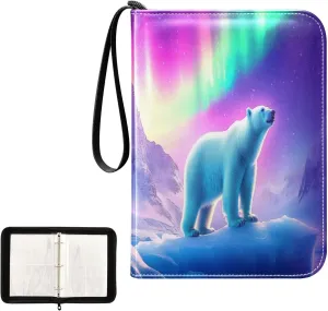 Polar Bears Colorful Aurora Card Binder 4 Pocket, Trading Card Holder Fits 400 Game Cards with 50 Removable Sleeves, MTG Card Case Standard Size