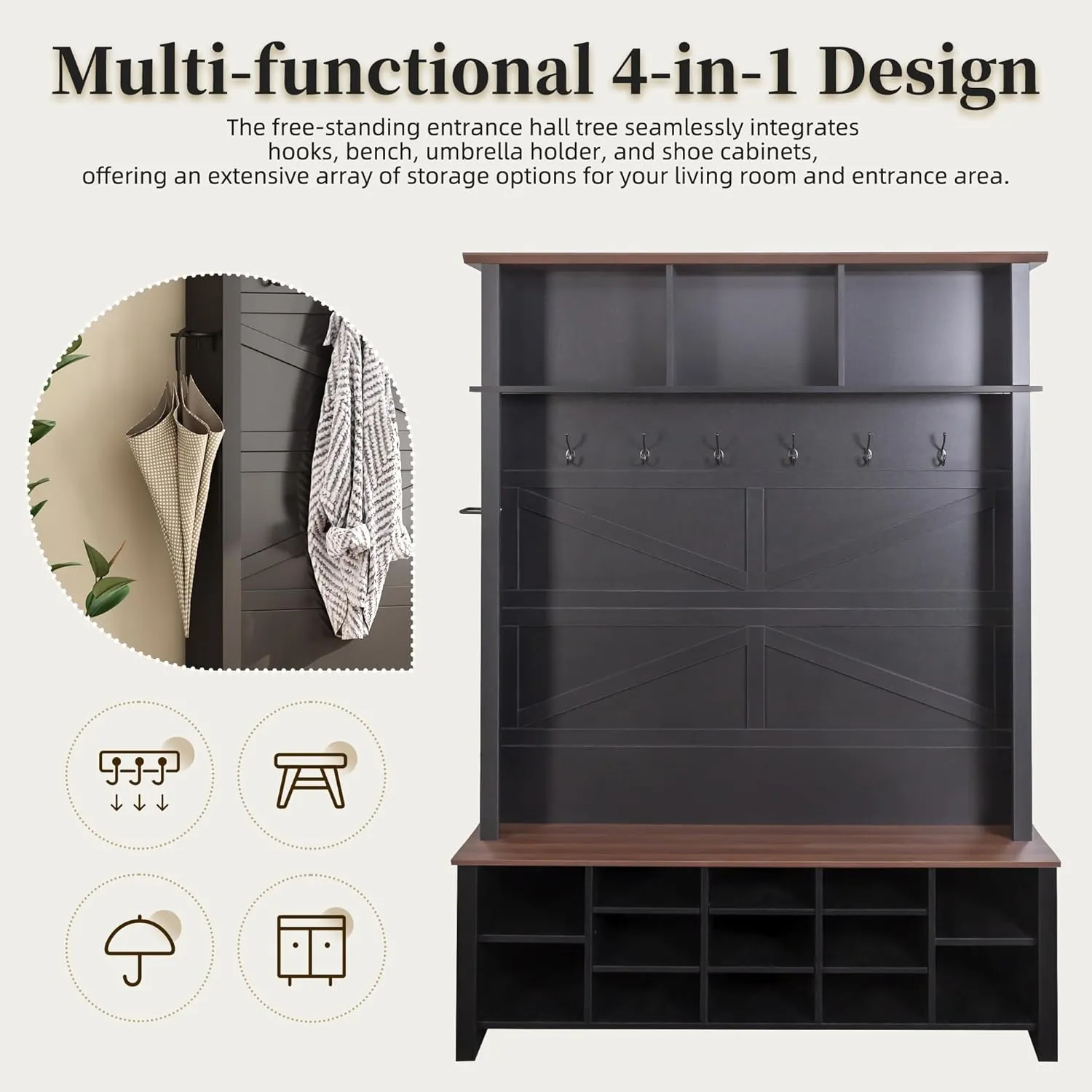 Polibi Farmhouse Hall Tree, Entryway Coat Rack with 6 Metal Hooks, 16 Storage Shelves, Bench Seat, Wooden Rustic Shoe Organizer for Living Room, Hallway, Mudroom, Black